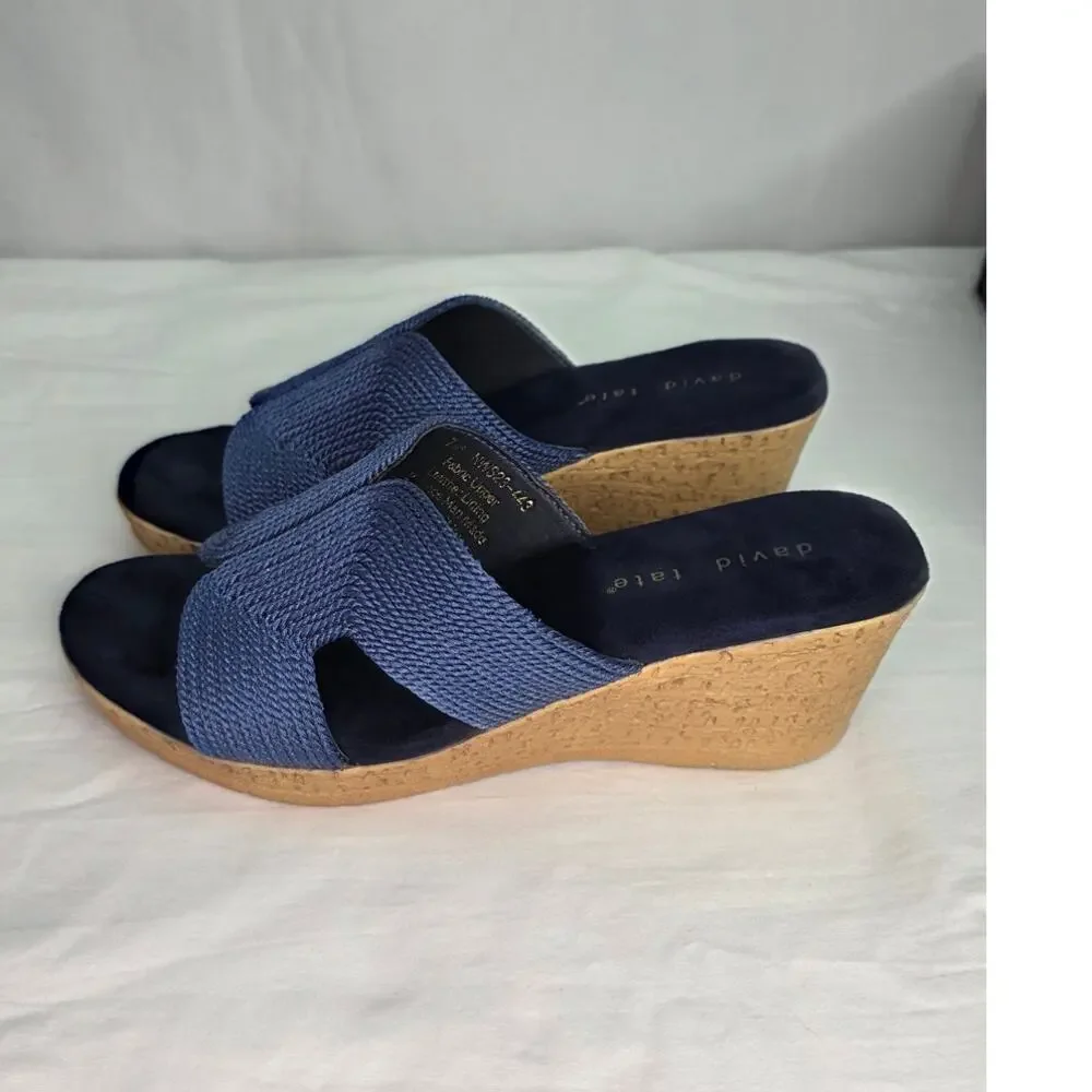 David Tate Navy Fabric Wedge Slide Sandals 7M Comfort Cushioned Resort Casual